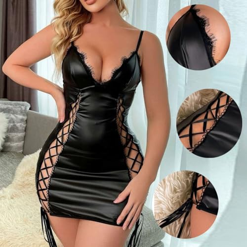 Vestido feminino de couro, lingerie sexy com tiras recortadas, couro PU, Babydoll colado ao corpo, m