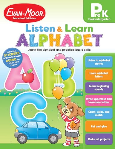 Evan-Moor Listen and Learn Alphabet, PreK Activity Workbook, Includes Stickers and Audio Read-Alongs, Basic Skills, Writing Letters, Phonics Game, Art Projects, Maze, Homeschool, Coloring, Reading
