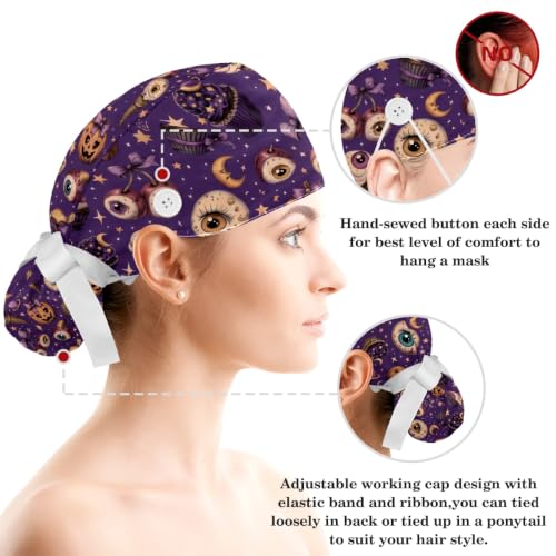 Image of Butterfly Scrub Cap Women with Ponytail & Buttons Adjustable Surgical Nurse Hat with Cotton Sweatband for Long Hair