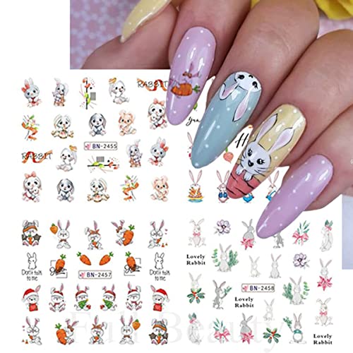 12 Sheet Bunny Nail Art Stickers Easter Water Transfer Nail Sticker Decals Nail Art Decoration Easter Cute Rabbit Eggs Chick Flower Carrot Nail Design For Women Kids Diy Acrylic Nail Art Supplies #TOP1