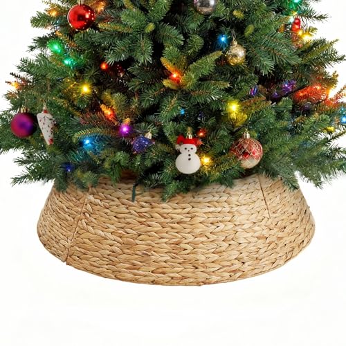 Sweetcrispy 36-inch Christmas Tree Collar for 8-11ft Trees, Woven Hyacinth Rattan 4-Panel Collar w/Cord Access Hole & Easy Lock Design, Handwoven, Natural