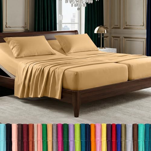Image of Elegant Comfort Luxurious 1500 Premium Hotel Quality Microfiber Three Line Embroidered Softest 5-Piece Bed Sheet Set, Wrinkle and Fade Resistant, Split King, Gold