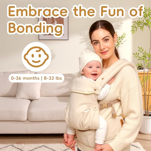 Image of Baby Carrier for Newborn to Toddler-7-45 lbs 0-36 Months Versatile & Adjustable Linen Carrier with Front Pocket Headrest Support for Moms, Dads, Beige