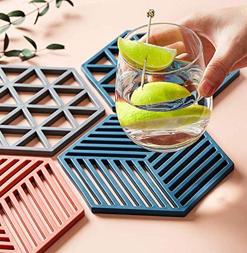 Naidev Silicone Trivet Mats and Hot Pads 6 PCs 6.33 5.5 in Hexagon Heat Resistant Multifuntion Kitchen Tool for Bowl Mats, Dish Mats, Place-mats, and Drink Coasters (Pack - 3 line Blue) 3