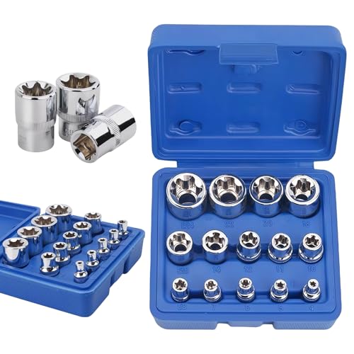 LEKEFETO Juego de 14 llaves de vaso Torx para exteriores de 1/2, 1/4, 3/8, Torx E E4-E24 de CR-V, juego de extractor de tuercas, juego de llaves de vaso en espiral