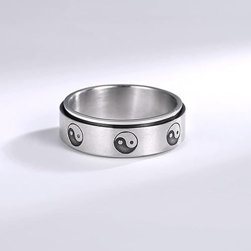 Miniatura 9 de Anillos giratorios para la ansiedad Yin y Yang de 0.315 in para hombres y mujeres, acero inoxidable, Taichi Balance Mantra, anillo negro