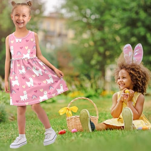 Girl Sleeveless Dress Summer Tank Play Dress Outfit Rainbow Heart Happy Alpaca Pink 2T-8T4