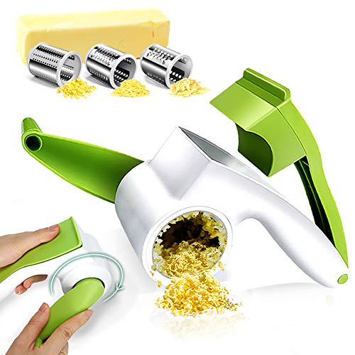 Cheese Graters for Kitchen with 3 Stainless Steel Blades Rotary Cheese Slicer Cutter Handheld