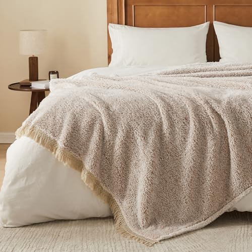 Image of EMME Soft Sherpa Fleece Blanket with Tassel, Reversible Plush Fluffy Large Blanket, Light Weight Warm Decorative Boho Blanket Cover for Sofa, Couch, Bedroom,Travel(Tassel Khaki,50 inchx60 inch)