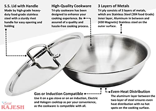 Image of Triply Stainless Steel Kadai, Kadhai with Lid and Handle - Induction and Oven Compatible Deep Fry Pan (3 litres (Tasla 24cm))