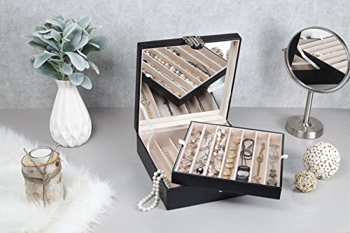 Glenor Co 12 Section Necklace Organizer - Large Mirror - 2 Trays - Pu Leather - Black - Classic Jewelry Box - Modern Buckle Closure - Fits Necklace & Bracelet - Jewelry Holder For Women Teens & Girls #TOP1