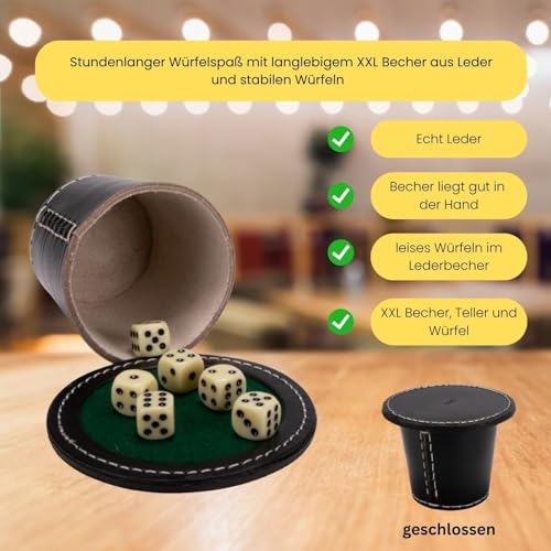 GICO Qualitäts Würfelbecher groß (echt Leder) XL schwarz mit Deckel 12 cm/Würfelteller und 6 Würfeln - 5901