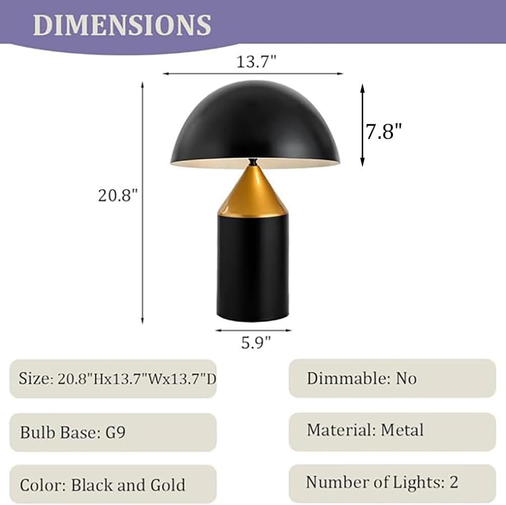 Meefad Mushroom Bedside Lamp, Modern Table Lamp with Heavy Base, Dome Shaped Night Light, Accent Lamp for Bedroom Reading Nightstand (Black)
