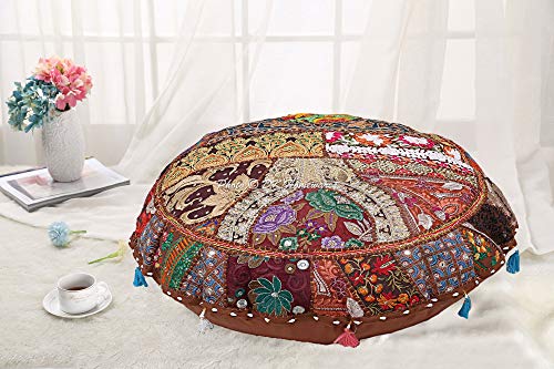 Dk Homewares Round Bohemian Floor Cushions For Kids Dark Brown 28 Inch Patchwork Meditation Pouffe Footstool Home Decor Embroidered Vintage Cotton Indian Floor Pillow Bed 70 Cm #TOP1