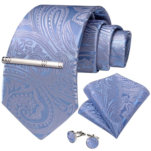 Image of DiBanGu Silk Floral Ties for Men Woven Paisley Necktie and Tie Clip Handkerchief Cufflinks Set for Party Wedding