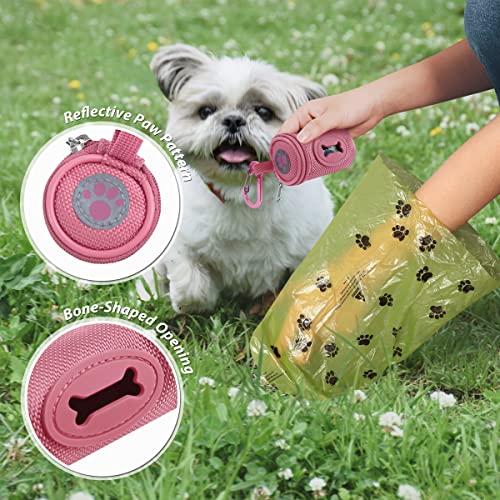 Image of FURHAB Dog Poop Bag Holder for Leash Doggie Waste Bag Dispenser Soft Fabric Puppy Potty Carrier Small Doggy Zipper Pouch with Carabiner Clip 1680D Nylon Oxford with 1 Roll of Pet Trash Bags, Pink