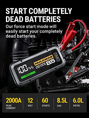 HULKMAN Alpha85 Smart Jump Starter 2000 Amp 20000mAh Car Starter for up to 8.5L Gas and 6L Diesel Engines with Boost Function for Totally Dead Battery 12V Lithium Portable Car Battery Booster Pack - Image 3