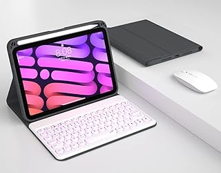 バックライト付き iPad 第 9 世代 8 世代 7 世代 10.2インチ キーボードケース マウス付き 丸いキー ペン収納付き 2021 アイパッド 10.2 ワイヤレス Bluetooth キーボード カバー スマート (iPad7/8/9, 黒+白)