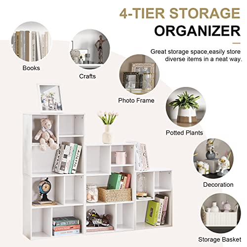 Vecelo 3 Cube Bookcase Sets Of 2, Small Bookshelf With Height Difference Shelves For Common Books, 4-Tier 7 Cubes Book Case Storage Organizer Freestanding,White #TOP4