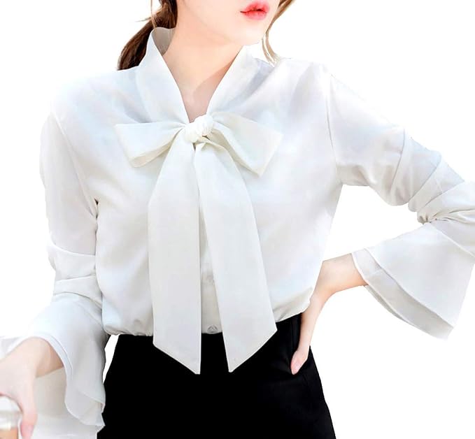 Amazon Co Jp Owlfeather 襟リボン 姫袖ブラウス 長袖 レディース ホワイト ファッション