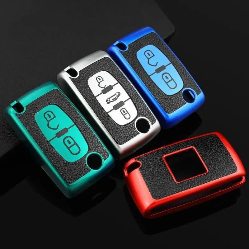 Coque de protection pour clé Citroën C2 C3 C4 en TPU cuir vert à 2 boutons
