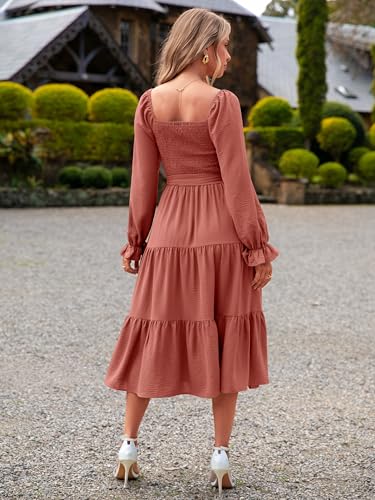 Image of Simplee Womens Long Sleeve Maxi Dress Casual Square Neck Smocked Flowy Fall Wedding Guest Dresses