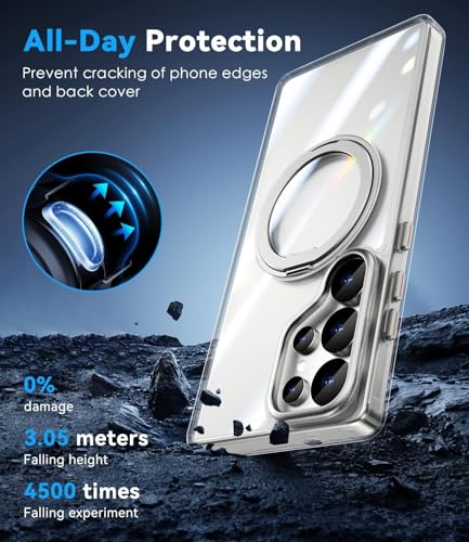 Image of DIZORO TPU Magnetic 360 Ring Stand Case Fit for Samsung Galaxy S25 Ultra Case, Compatible & Wireless Charging,Military Grade Drop Tested,Translucent Hard Kick Back Cover (White)
