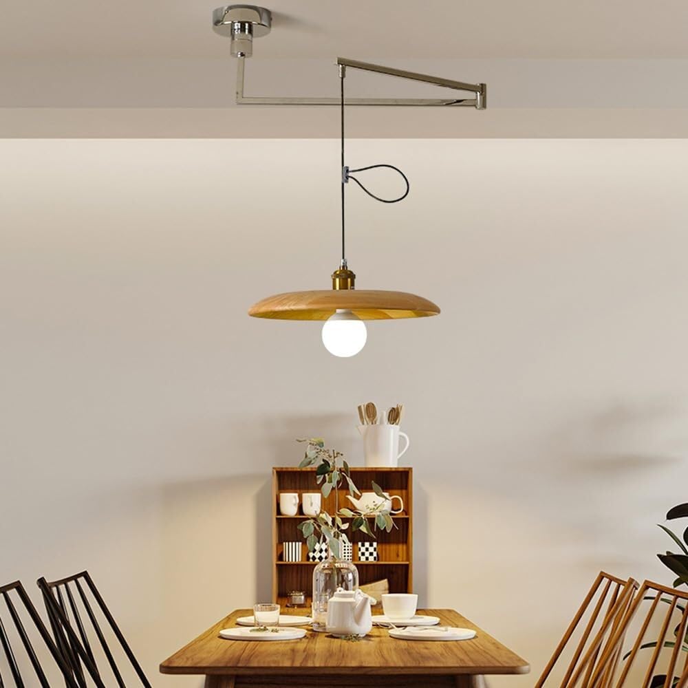 Moderne Pendelleuchte mit Schwenkarm, Hängelampe aus Holz als Leselicht Kronleuchter Verstellbar für Schlafzimmer Esszimmer Arbeitszimmer(35cm/13.78in)