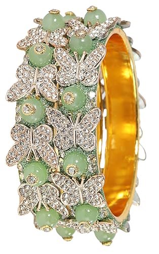 Image of LAVAZZA Stylish Butterfly Design Golden Metal with Zircon Diamond & Pearls Moti Bangles Kada For Women & Girls | Traditional Girl's Bangles Bracelet | Women's Kangan Wedding, Party-Set of 2