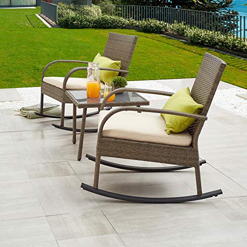 Lokatse Home 3 Pcs Outdoor Rattan Conversation Furniture Patio Bistro Wicker Set Modern Rocking Chair With Cushion & Coffee Table, Green #TOP6