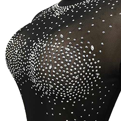 Oluolin Women's Sexy Sequin Rhinestone Mesh Bodycon Short Jumpsuit Crew Neck Long Sleeve Clubwear Party Romper #TOP4