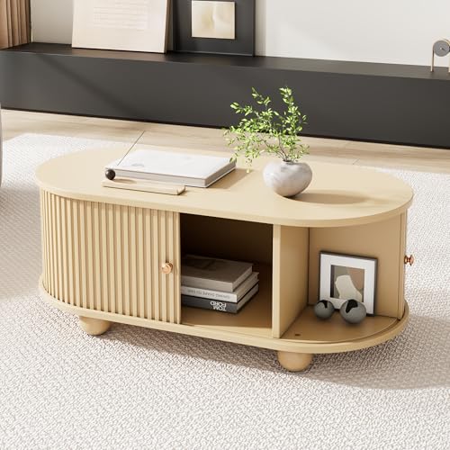 Image of BTM Oval Coffee Table with 2 Sliding Doors, Rounded Corners,Hidden Compartment Center Table, Sofa table with storage space, Side table with Central open storage area, 100 * 50 * 40cm,Wood color,MDF