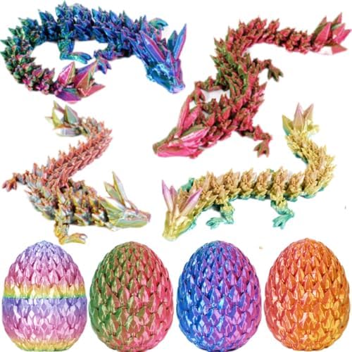 4Pcs 3D Printed Dragon Eggs with Dragon Inside Articulated Animals Cool Crystal 3D Print Dinosaur Toy Dino Eggs for Boys Girls Home Decor