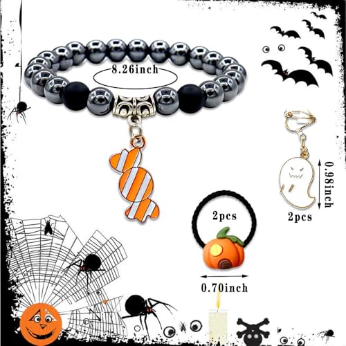 Image of Halloween Bracelet Set with Pumpkin Hair Rope, Ghost Ear Clip - Perfect for Girls' Halloween Party Favor or Trick or Treat Present