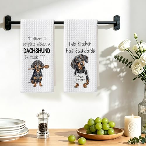 Image of 2 Pcs Funny Dachshund Kitchen Towels 24x14 Inch, Dachshund Gifts Reusable Dish Towels for Kitchen Bathroom Decor, Waffle Weave Absorbent Tea Towel, Cute Weiner Dog Gifts for Women Mom Friend