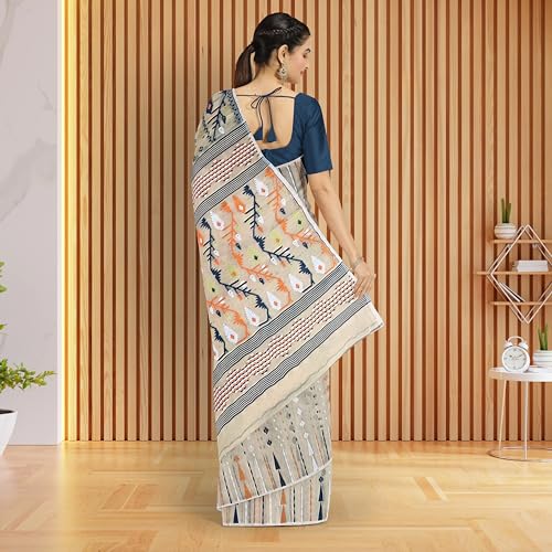 Image of Mayabi Women's Dhakai Jamdani Cotton Silk Saree Traditional Bengali Tant Korat Work, Without Blouse Piece - (Creamy White)