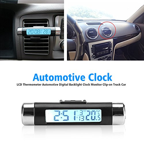 Car Digital Clock, White Backlight LCD Display with Temperature Time Date for Truck SUV Sedan, Vent Clip-On Clock for Vehicles