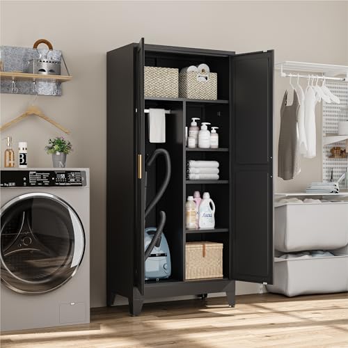 Image of Metal Broom Closet Cabinet, Utility Storage Cabinet with 4 Shelves, Farmhouse Metal Closet with Doors, 71 inch Tall Storage Cabinets with Hanging Rod and Clothing Shelf for Hallway Laundry Mudroom