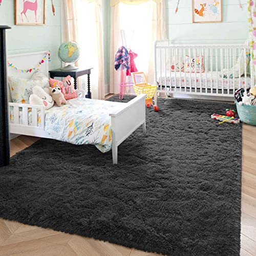 HOMORE Luxury Fluffy Area Rug Modern Shag Rugs for Bedroom Living Room, Super Soft and Comfy Carpet, Cute Carpets for Kids Nursery Girls Home, 8x10 Feet Dark Gray