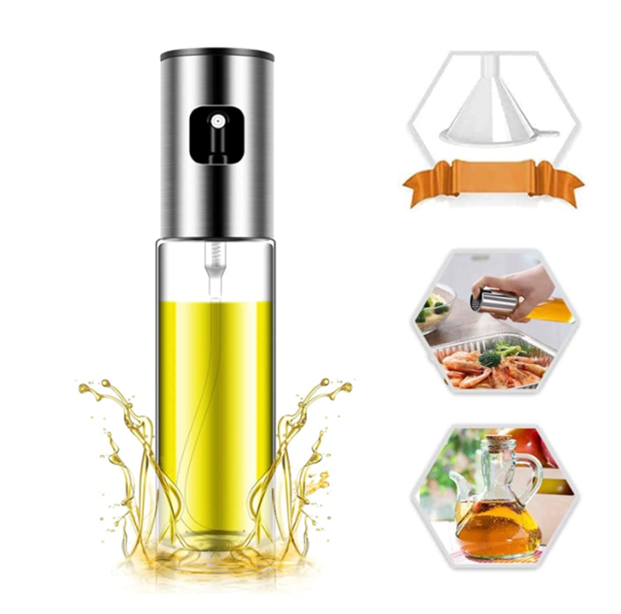 Olive Oil Sprayer for Cooking,food grade glass oil spray bottle,100ml oil spray bottle. Multifunctional glass bottle for cooking, baking, roasting Oil Sprayer for Cooking. (Silver)