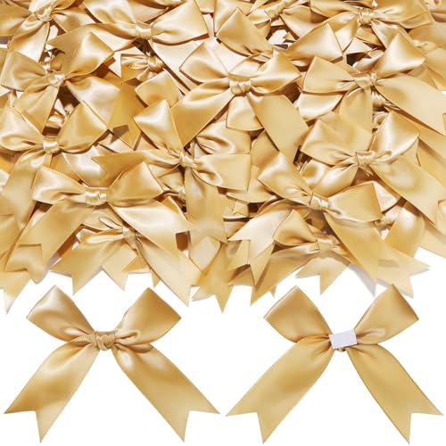 YGDZ Gold Bows Satin Self Adhesive Gold Ribbon Bows for Crafts Small Bow with Double-Sided Tape Mini Bows for Gift Wrapping Balloons Wedding Decor Party Favors