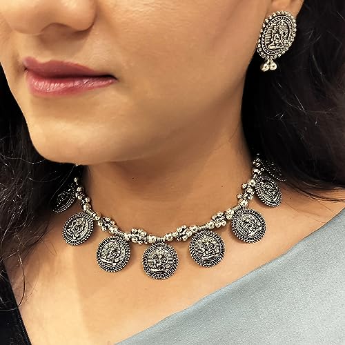 Efulgenz Indian Ethnic Jewelry Set for Women Silver Plated Oxidized Boho Vintage Antique Lord Ganesha Choker Necklace with Earring Bollywood Wedding Jewelry for Women., Copper, not known3