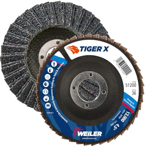 Image of Weiler 51200 Tiger X Flap Disc, Ceramic and Zirconia Alumina, Angled, Phenolic Backing, 36 Grit, 4-1 /2 inch, 7 /8 inch Arbor Hole (Pack of 10)