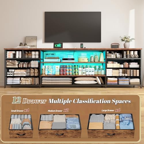 Image of EnHomee 71 inch Long TV Stand for 85 /80 /75 inch TVs with LED,Power Strip,12 Drawers | Rustic Brown Entertainment Center with Open Wooden Shelf, Spacious Storage,Sturdy Metal Frame for Bedroom Living Room
