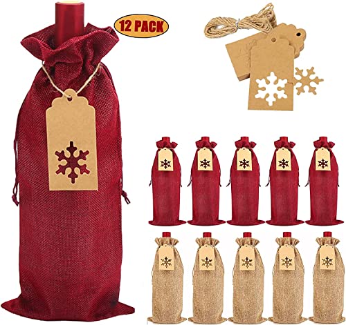 UKALOU Bolsas de arpillera para botellas de vino, 12 unidades, bolsas de regalo de yute de Navidad con cordones, bolsas de arpillera de vino reutilizables con etiquetas para fiestas