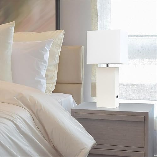 Miniatura 7 de Elegant Designs LT1053-WHT Lámpara de mesa moderna de cuero con USB y pantalla de tela blanca, color blanco (paquete de 1)