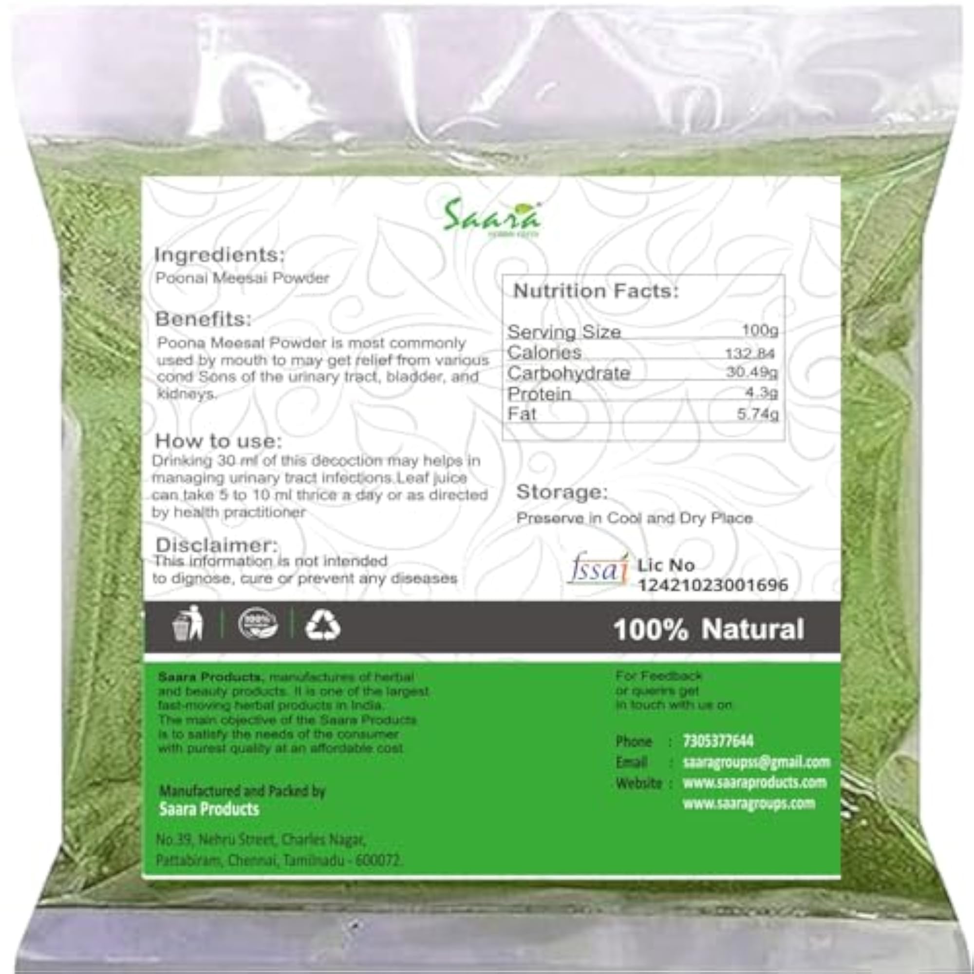 Saara Herbal Fresh Poonai Meesai Powder, 500g