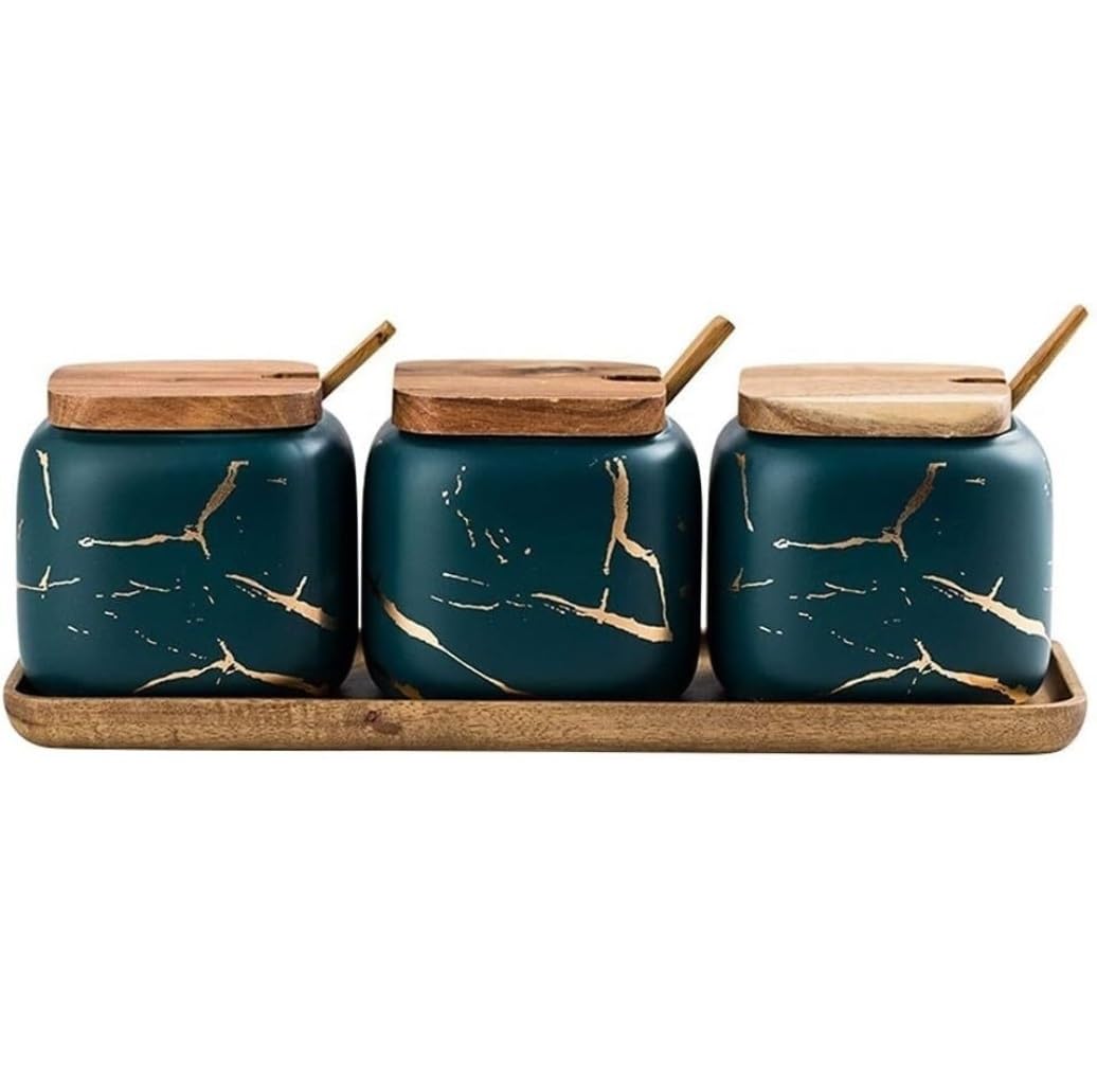 BCJMKDX Fermenter. Ceramic Sugar Bowl Seasoning Pot Set Spice Container Set With Spoon And Lid(Grün)