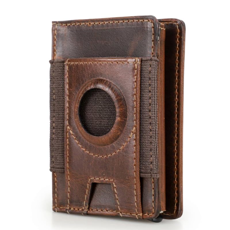 Unisex genuine leather wallet RFID shielding function mini automatic card holder with slots small card holder (Coffee)