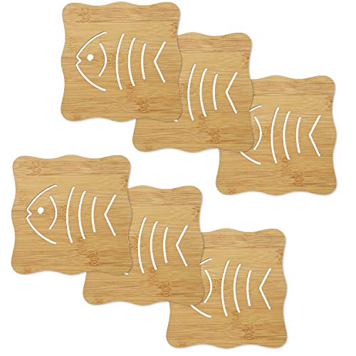 Image of HOKIPO Eco-Friendly Bamboo Wooden Coasters for Home Pan Pot Holder for Dining Table Heat Pad for Kitchen - Pack of 6 (AR2820-D4*6)
